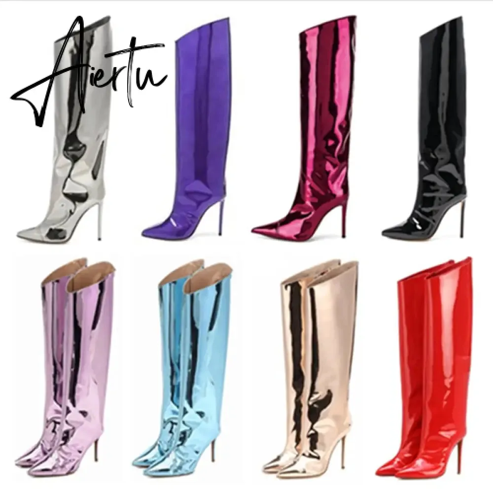 Aiertu Women's High Boots Gold Silver Pointed Toe Knee-high Boots For Woman Sexy High Heels Party Shoes Ladies Stiletto Boots