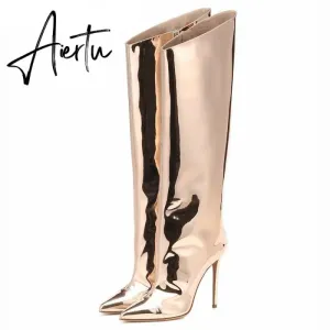 Aiertu Women's High Boots Gold Silver Pointed Toe Knee-high Boots For Woman Sexy High Heels Party Shoes Ladies Stiletto Boots