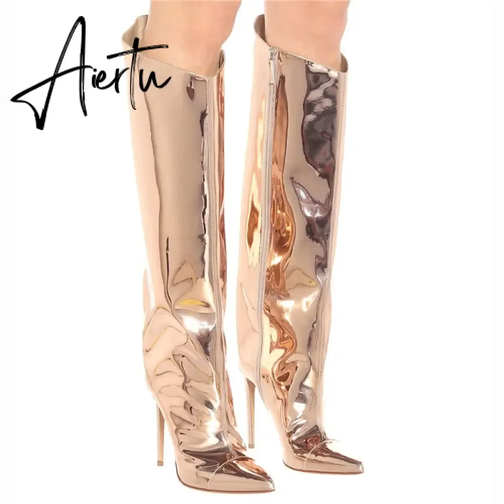 Aiertu Women's High Boots Gold Silver Pointed Toe Knee-high Boots For Woman Sexy High Heels Party Shoes Ladies Stiletto Boots