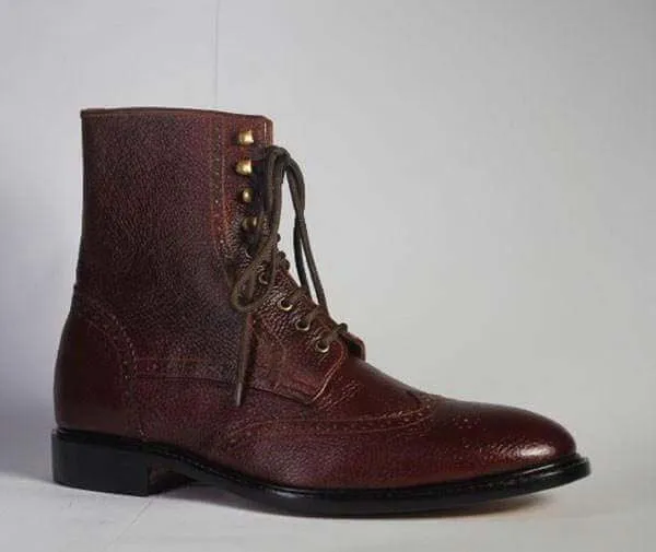 Ankle Dark Brown Wing Tip Lace Up Pebbled Leather Boots