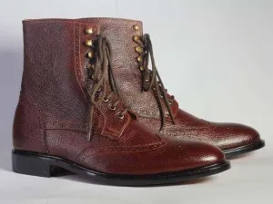 Ankle Dark Brown Wing Tip Lace Up Pebbled Leather Boots