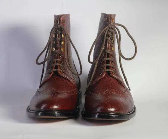 Ankle Dark Brown Wing Tip Lace Up Pebbled Leather Boots