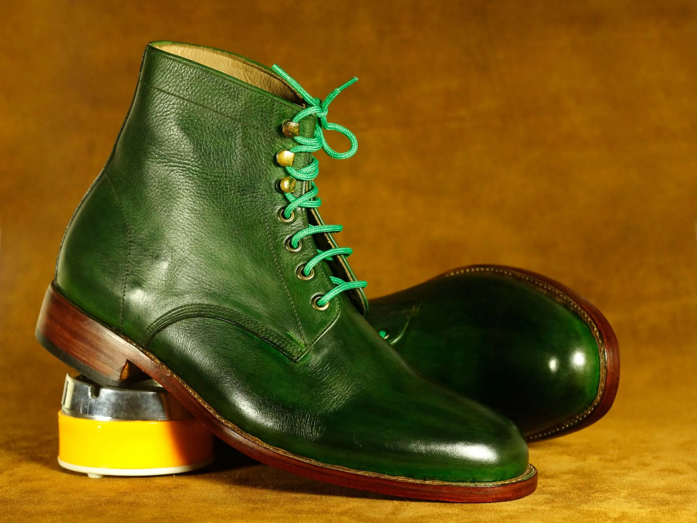 Bespoke Ankle Green Lace Up Boots, Men's Fashion Boot