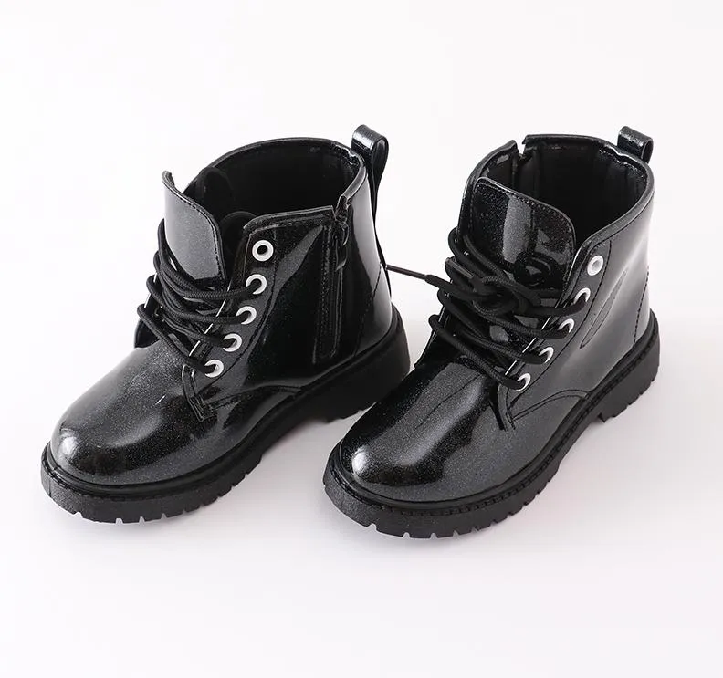 Black Glitter Lace-Up Combat Boots