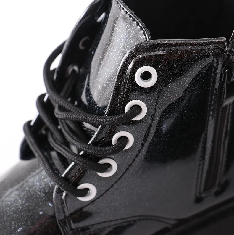 Black Glitter Lace-Up Combat Boots