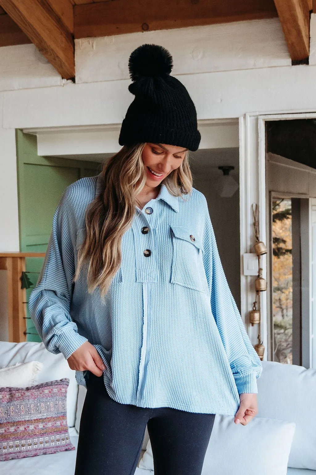 Blue Half Button Up Ribbed Pullover