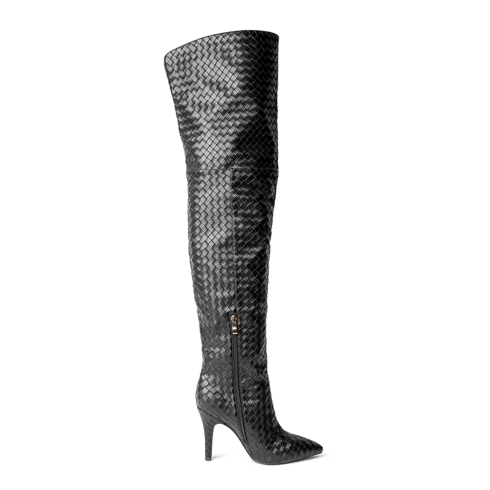 Cher Black Woven Thigh High Boots