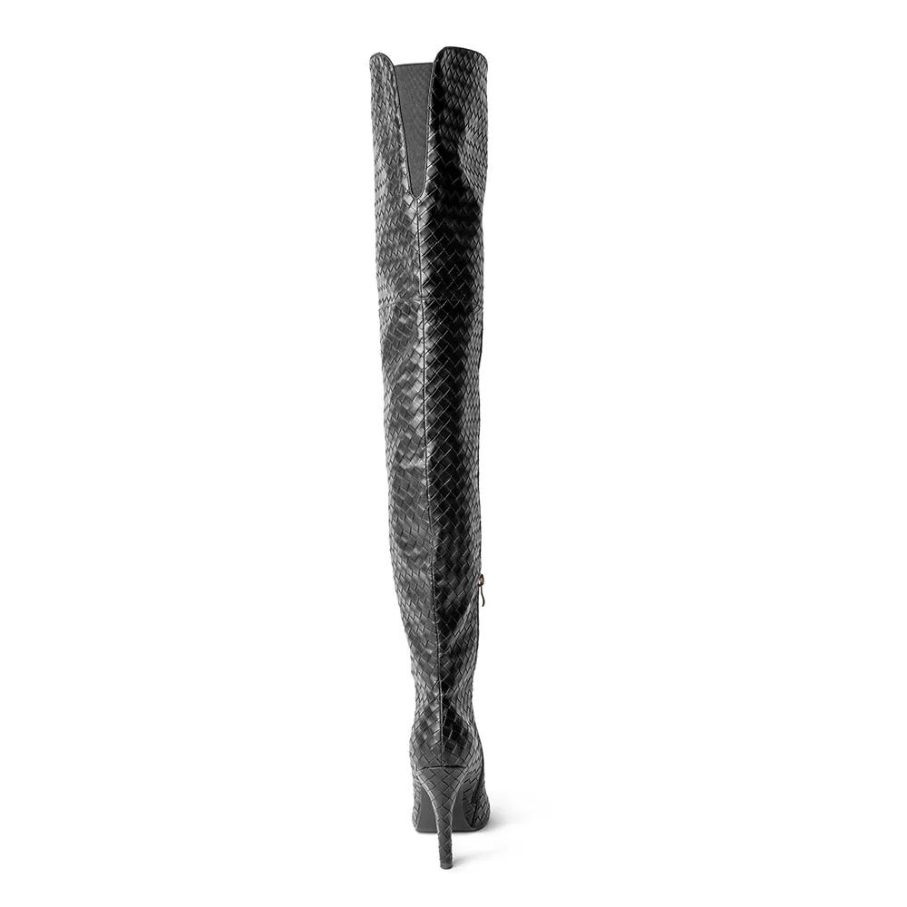 Cher Black Woven Thigh High Boots