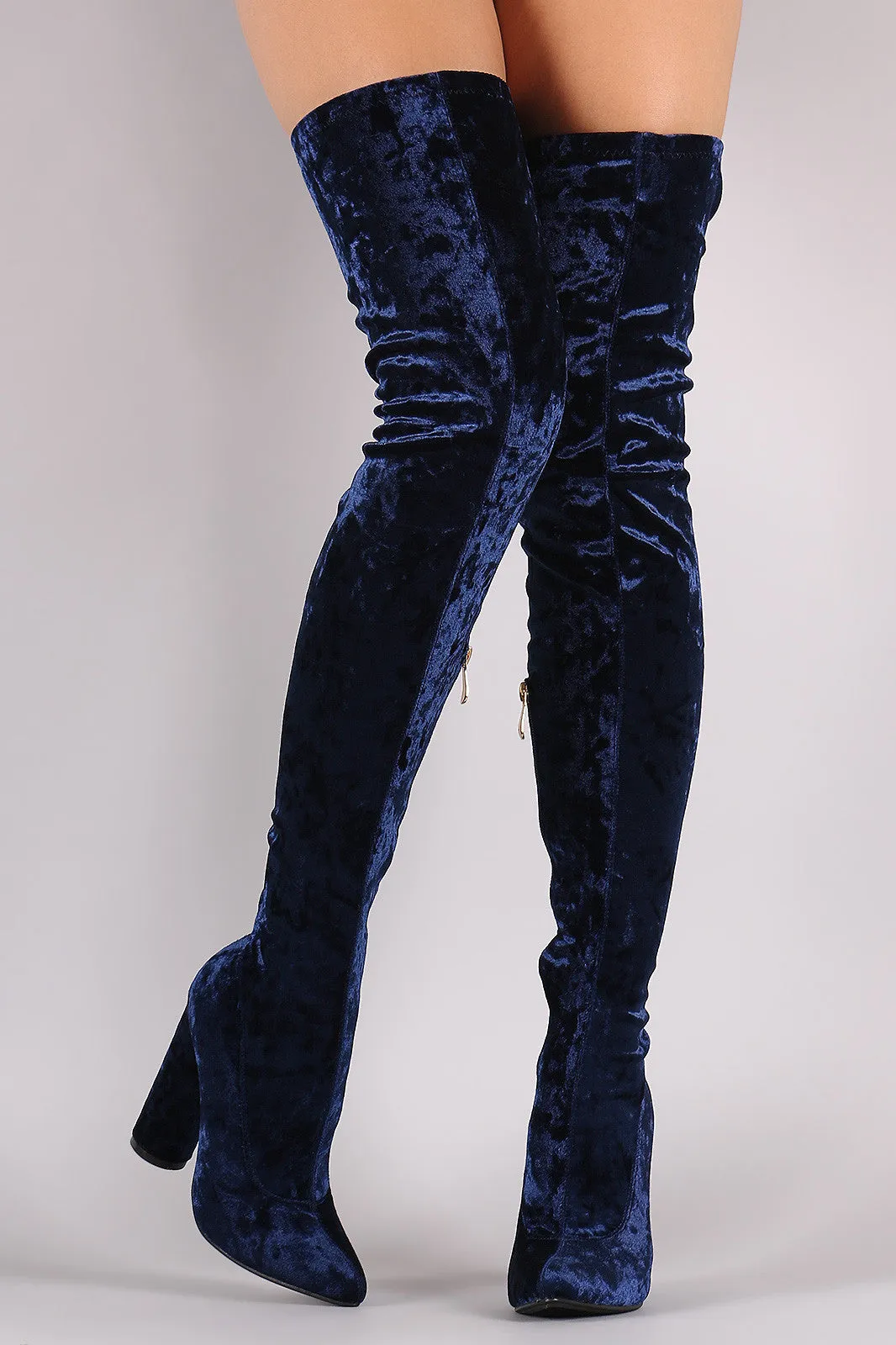 Crushed Velvet Pointy Toe Chunky Heel OTK Boots