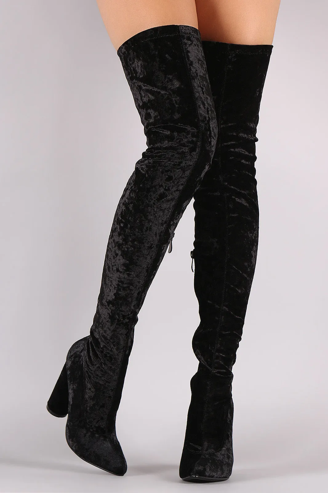 Crushed Velvet Pointy Toe Chunky Heel OTK Boots