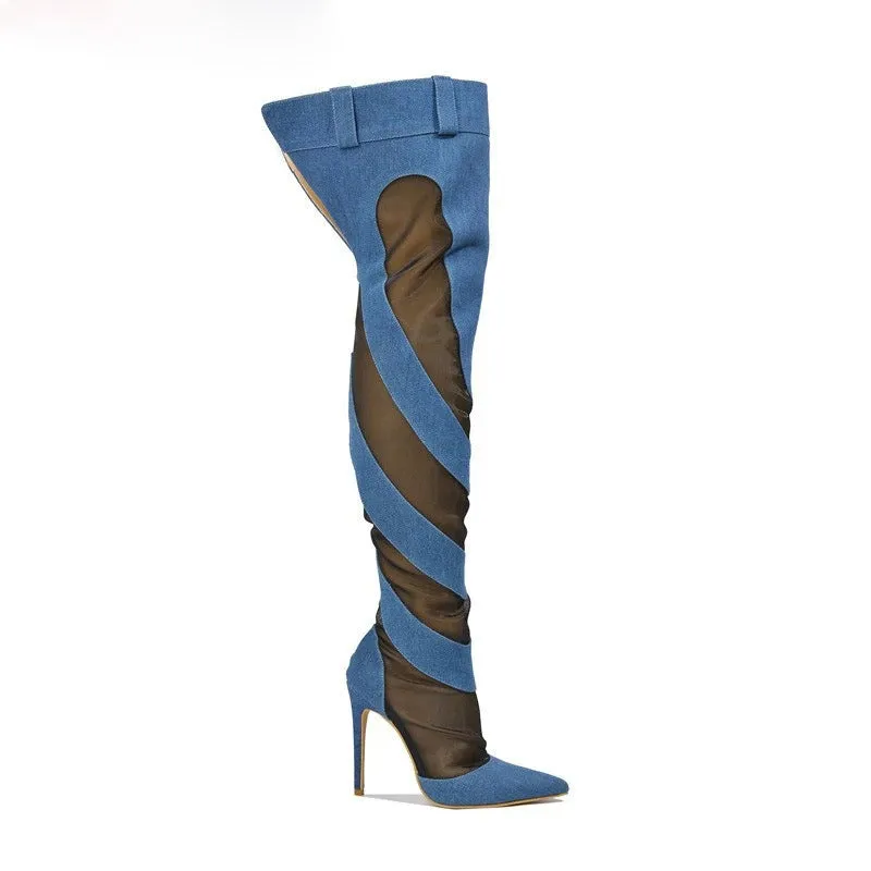 Denim Mesh Patchwork Thigh High Boots