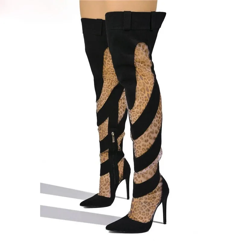 Denim Mesh Patchwork Thigh High Boots