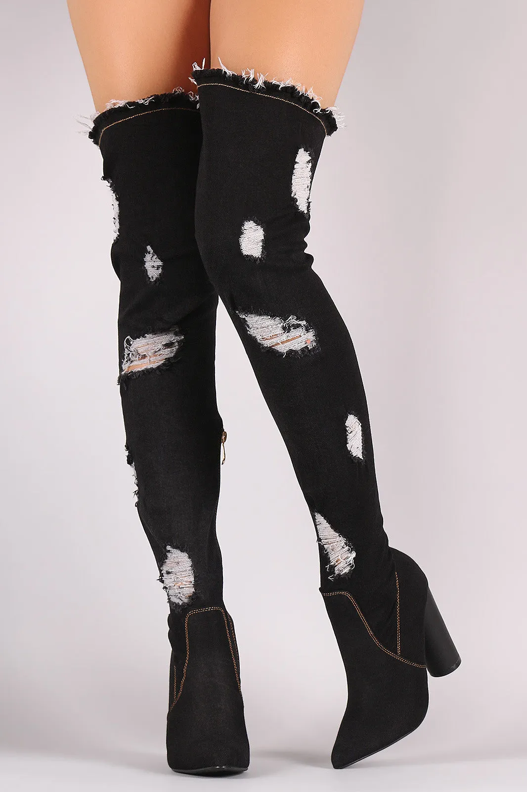 Destroyed Denim Pointy Toe Round Heeled Over-The-Knee Boots