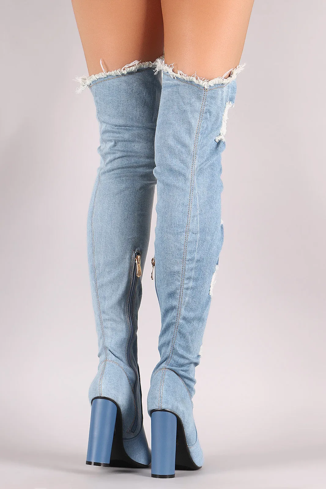 Destroyed Denim Pointy Toe Round Heeled Over-The-Knee Boots