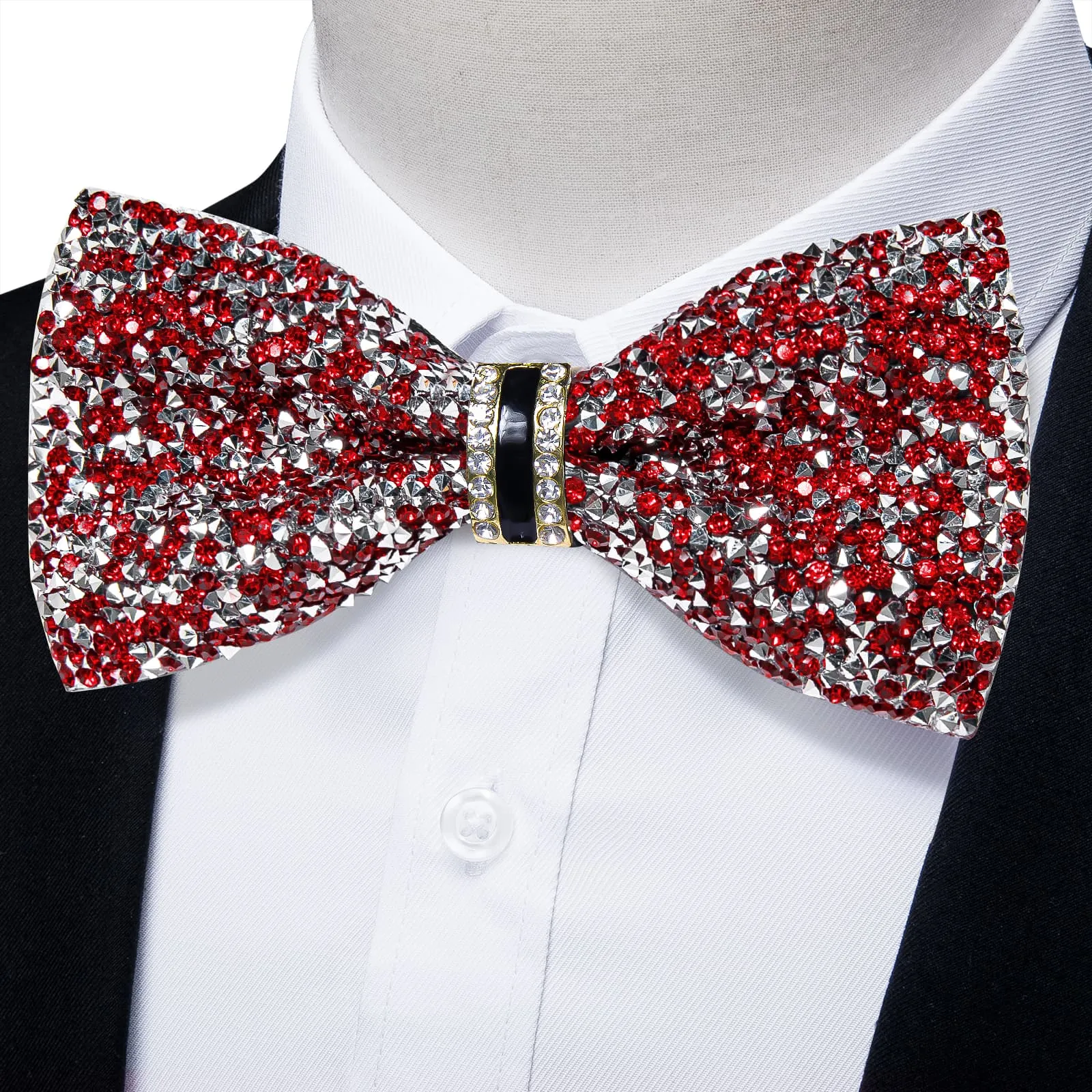 DiBanGu Imitation Diamond Bow Tie Red Silver Crystal Men's Pre Tied Bow Ties