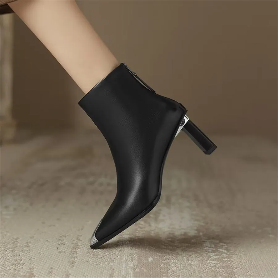 Elegant Cow Leather Pointed Toe Ankle Boots