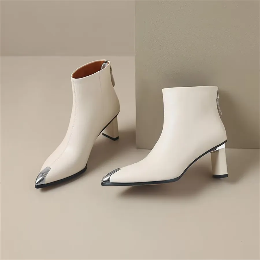 Elegant Cow Leather Pointed Toe Ankle Boots