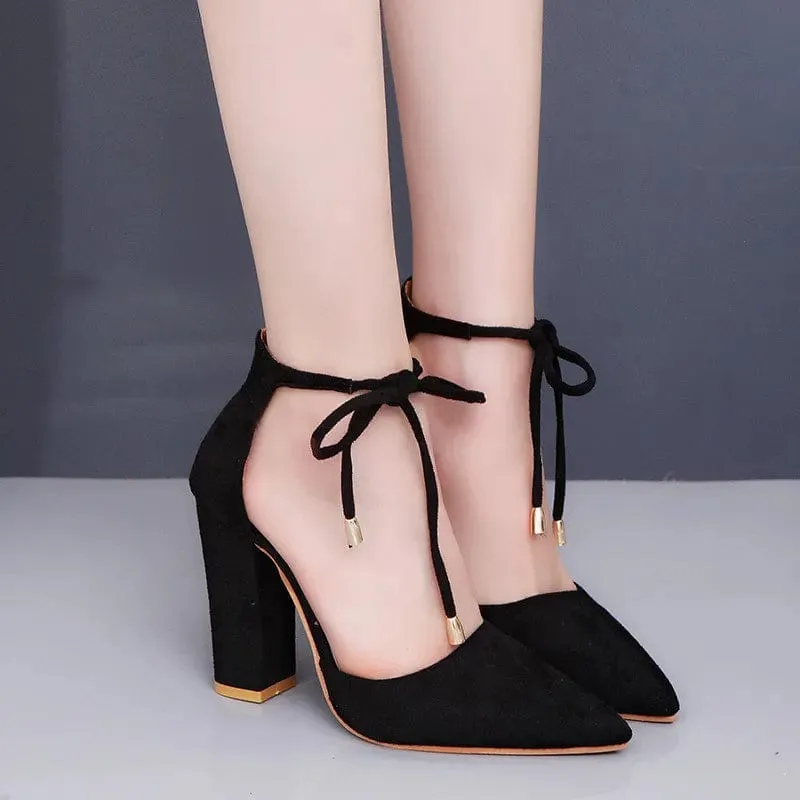 Elegant Square High Heels Lace Up Pointed Toe Ladies Shoes