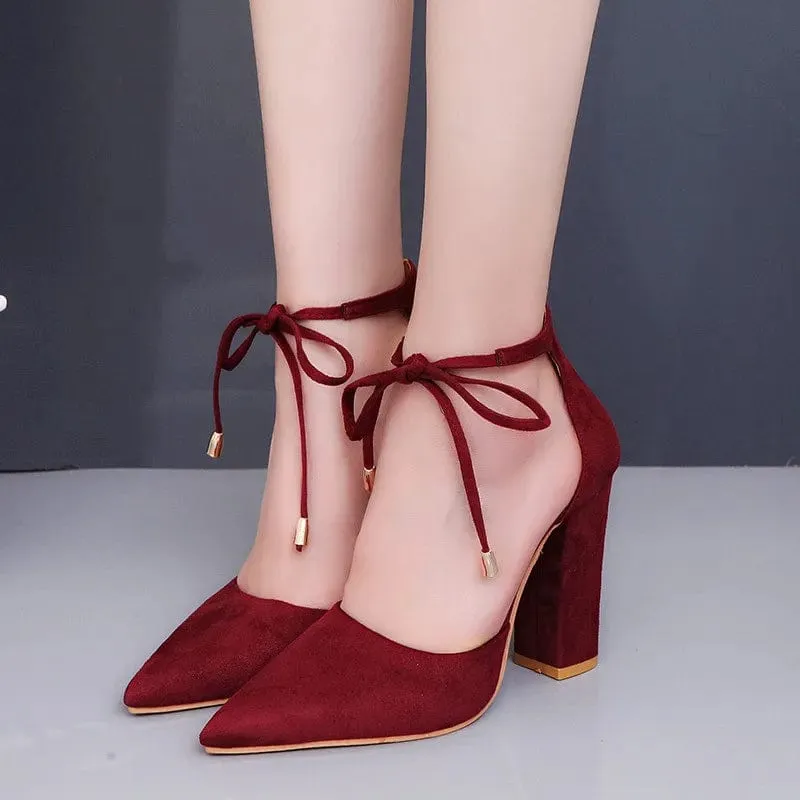 Elegant Square High Heels Lace Up Pointed Toe Ladies Shoes