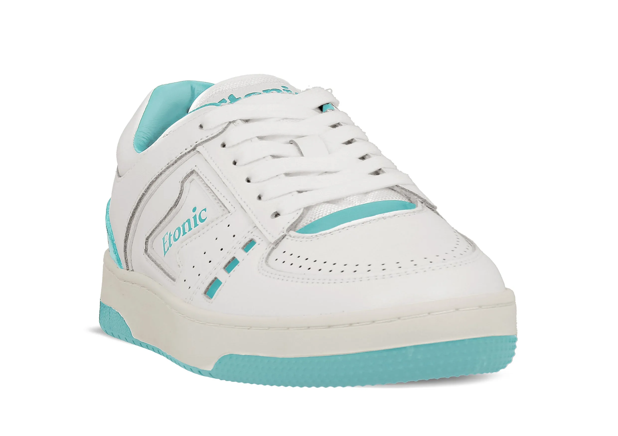 Etonic B509 sneakers in white leather with turquoise details and inserts.