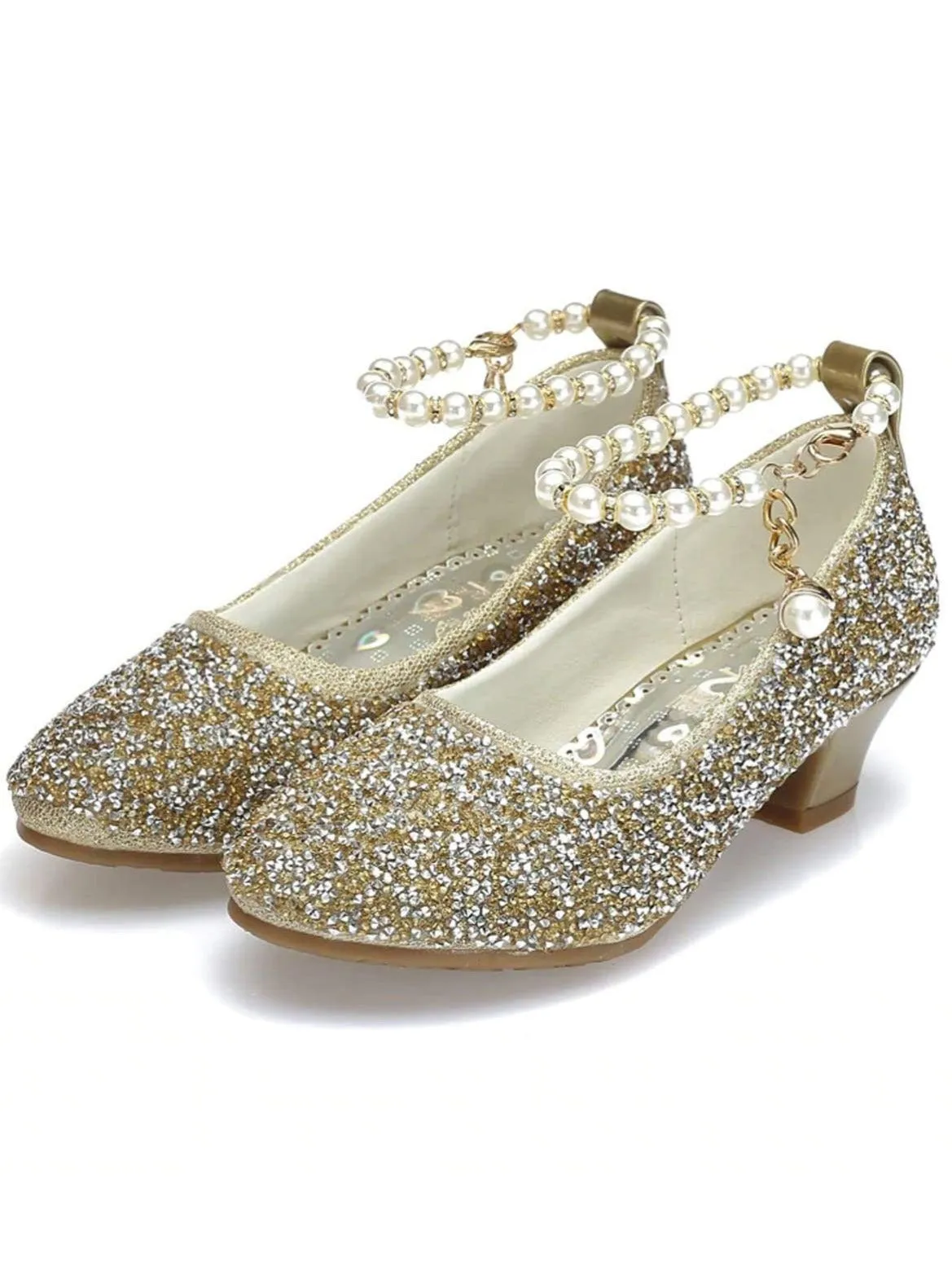 Girls Glittering Sequined Flats with  Pearl Embellished Ankle Strap and Pearl Charm By Liv and Mia