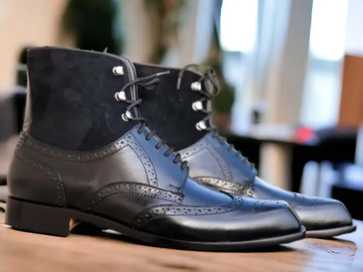 Handmade Black Leather  Suede Wing Tip Boot, Lace Up Brogue Boot