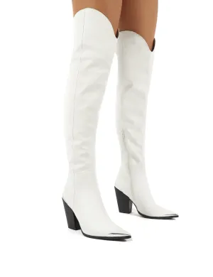 Honor White Western Block Heeled Knee High Boots