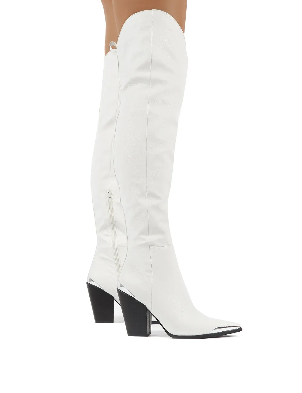 Honor White Western Block Heeled Knee High Boots