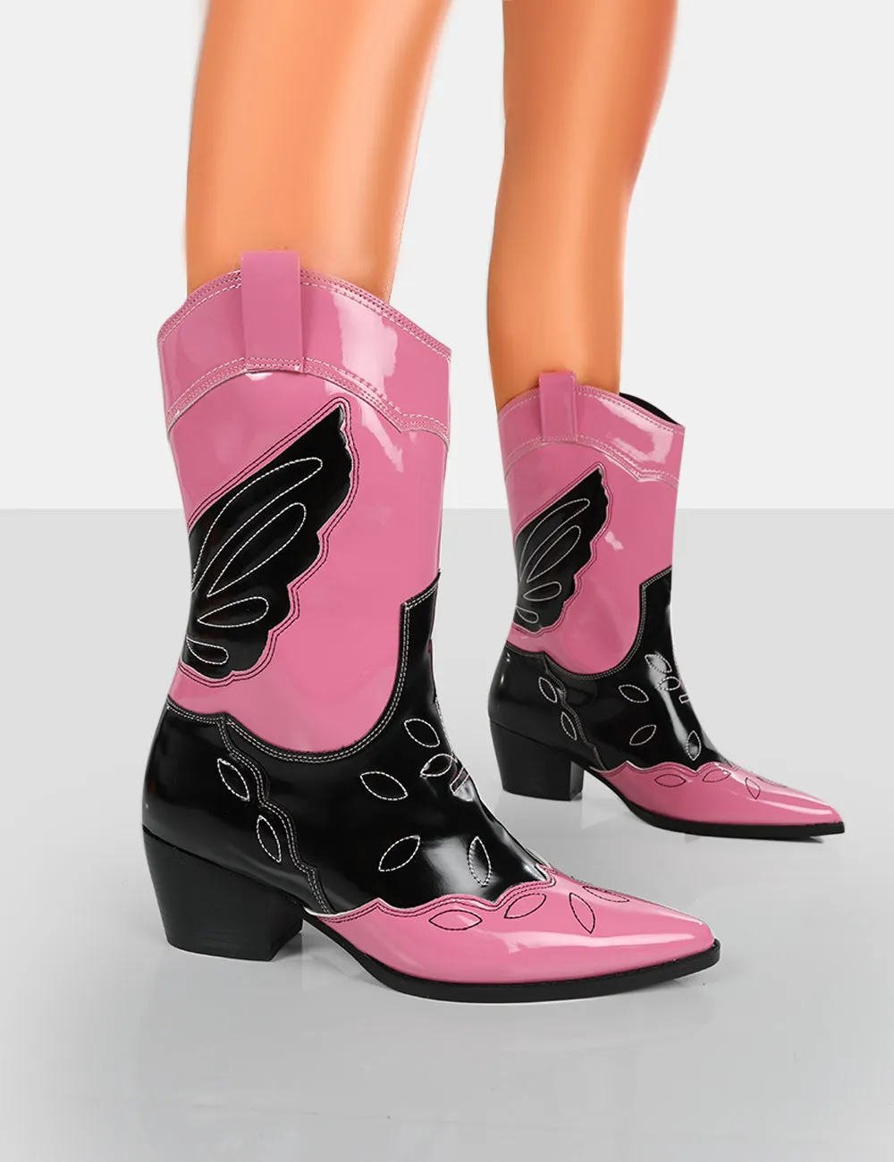 Howdy Pink Patent Pointed Toe Western Cowboy Block Ankle Boots