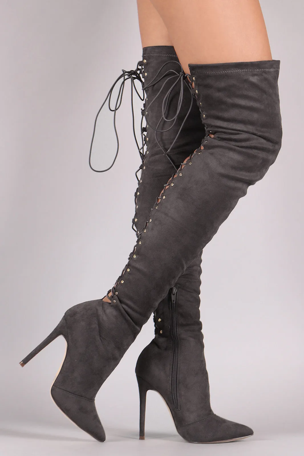 Issa - Suede Back Studded Lace Up Pointy Toe Boots