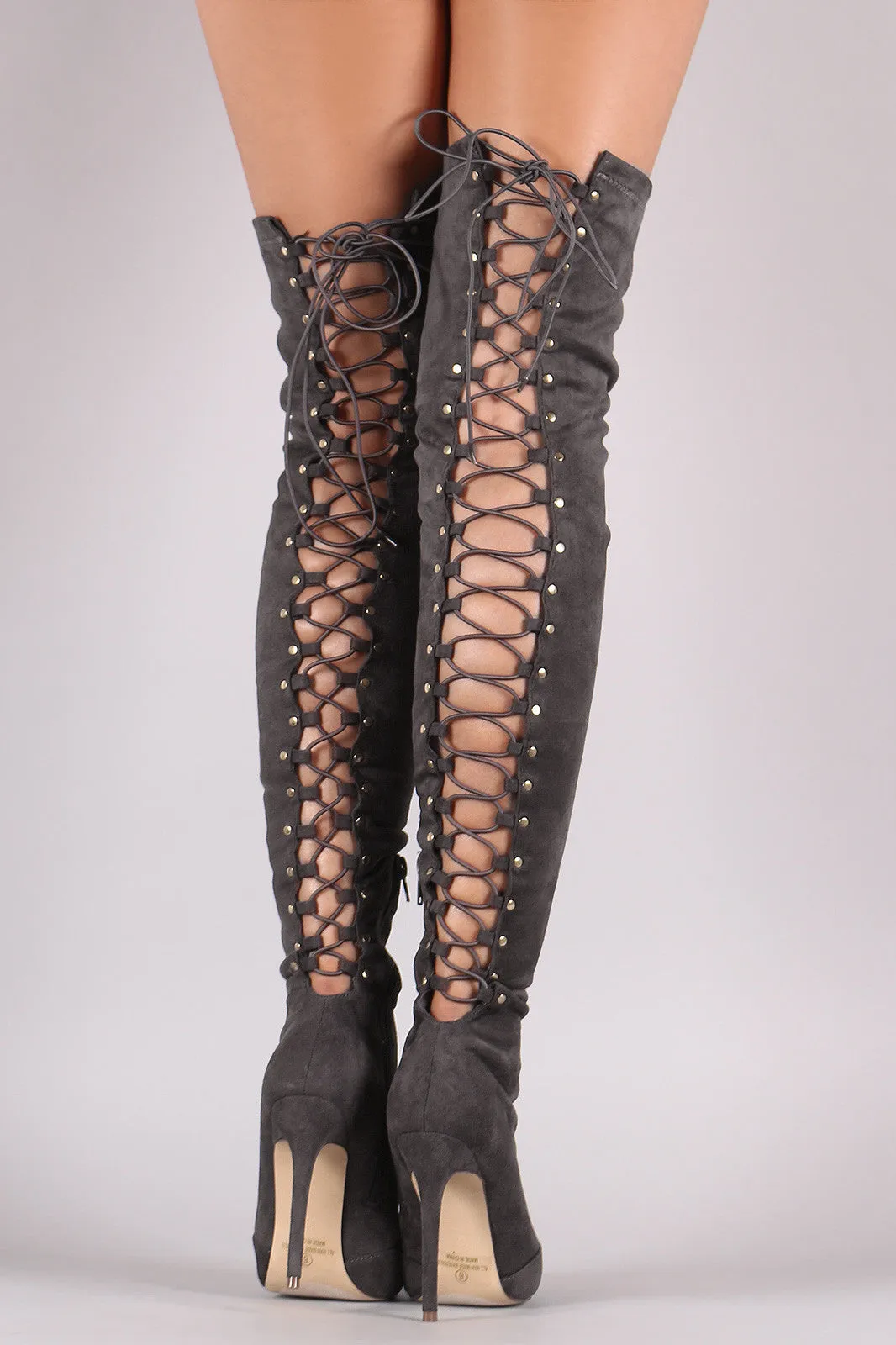 Issa - Suede Back Studded Lace Up Pointy Toe Boots