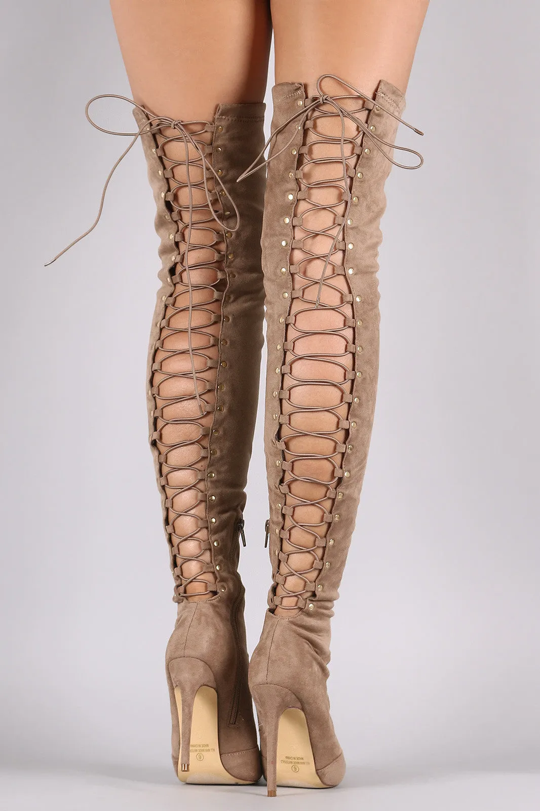 Issa - Suede Back Studded Lace Up Pointy Toe Boots