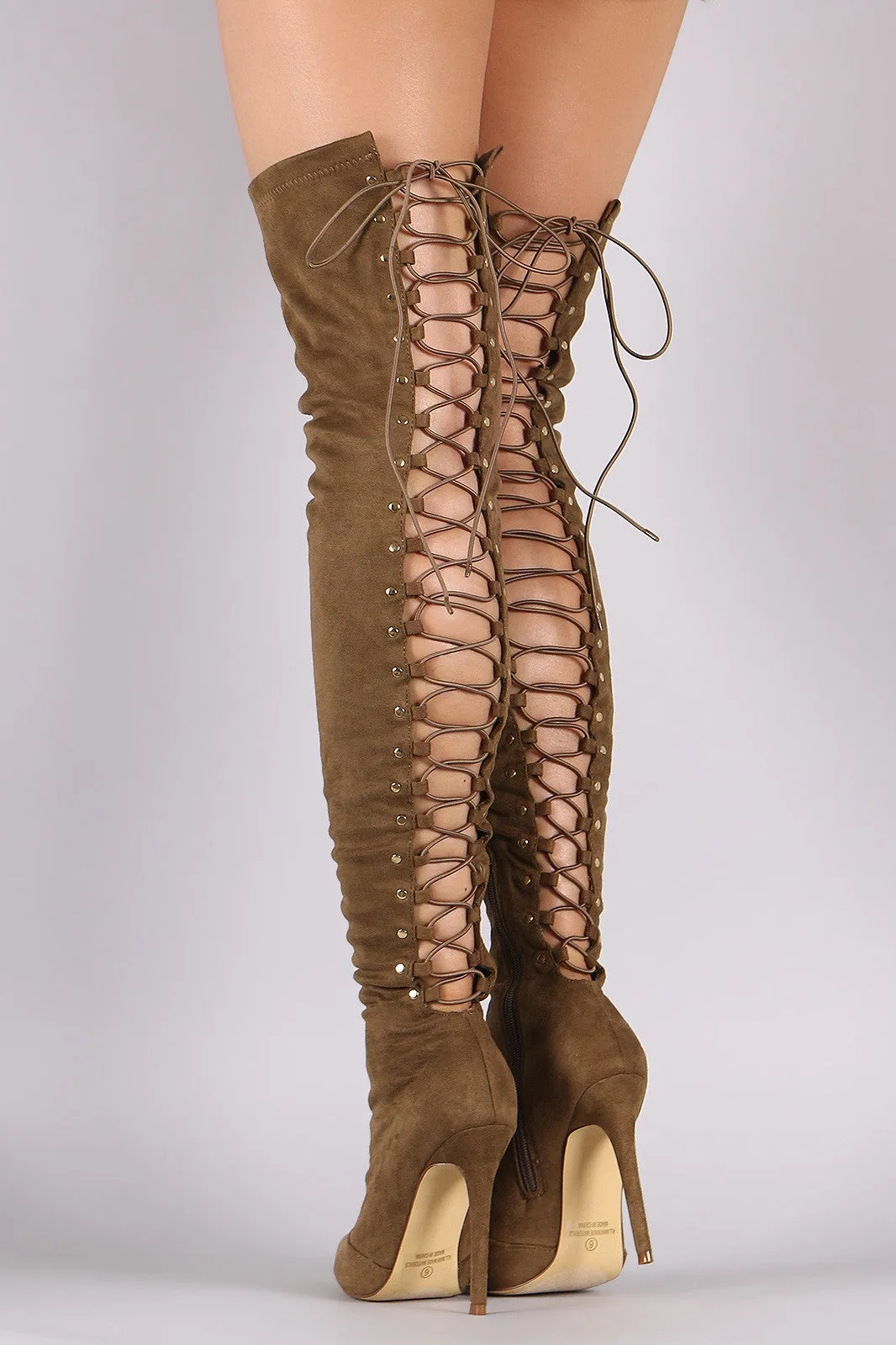 Issa - Suede Back Studded Lace Up Pointy Toe Boots