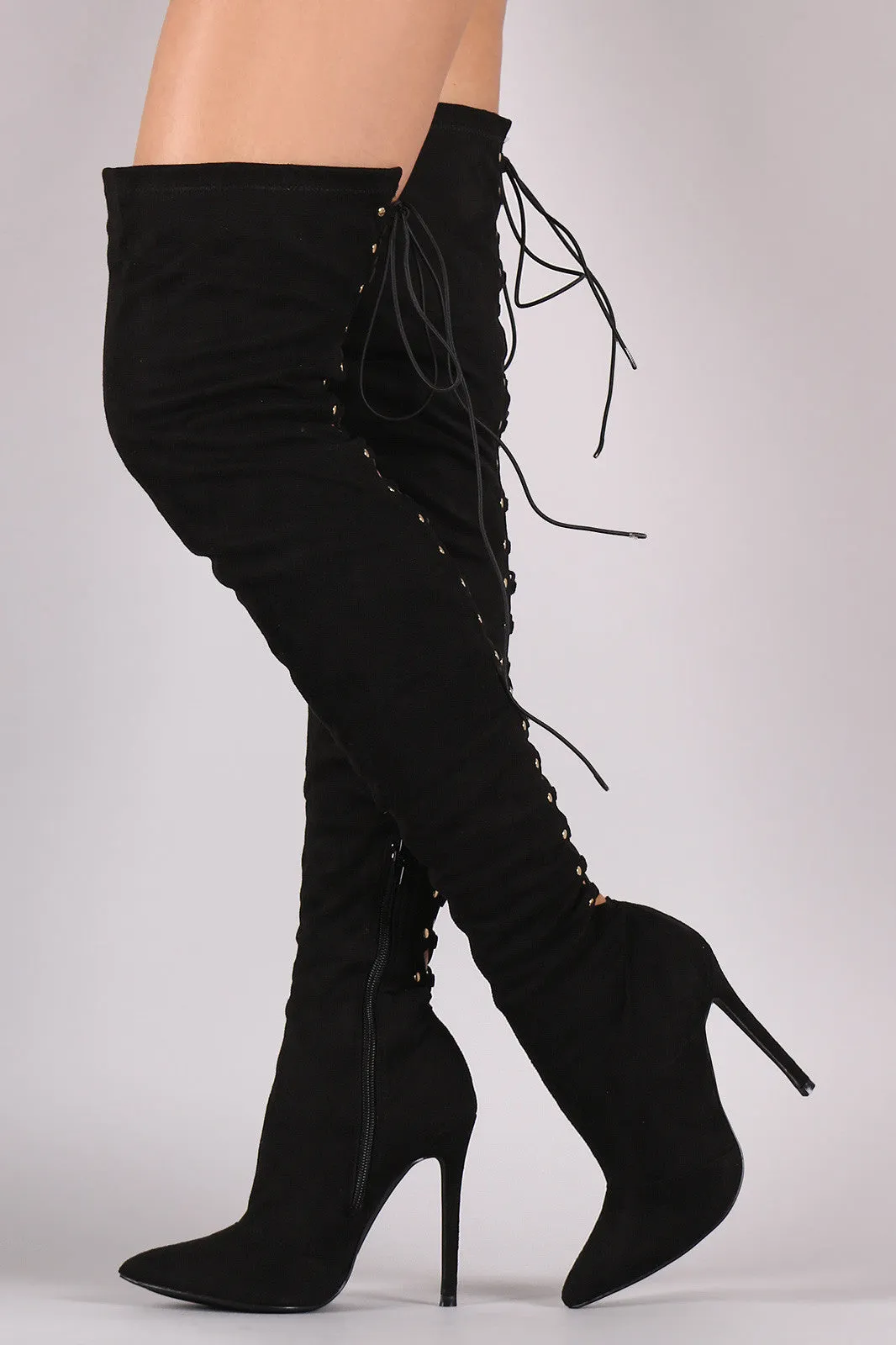 Issa - Suede Back Studded Lace Up Pointy Toe Boots