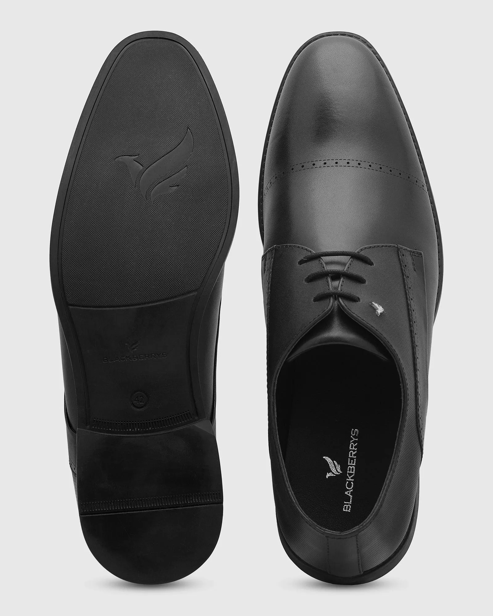 Leather Black Solid Derby Shoes - Royal