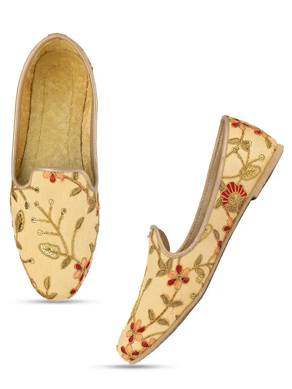 Men's Indian Ethnic Party Wear Embroidered Golden Footwear - Desi Colour