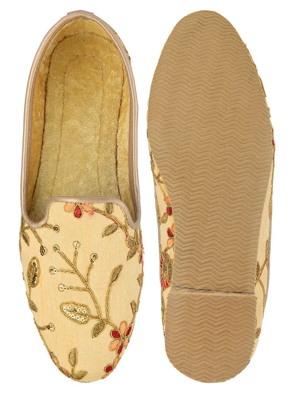 Men's Indian Ethnic Party Wear Embroidered Golden Footwear - Desi Colour