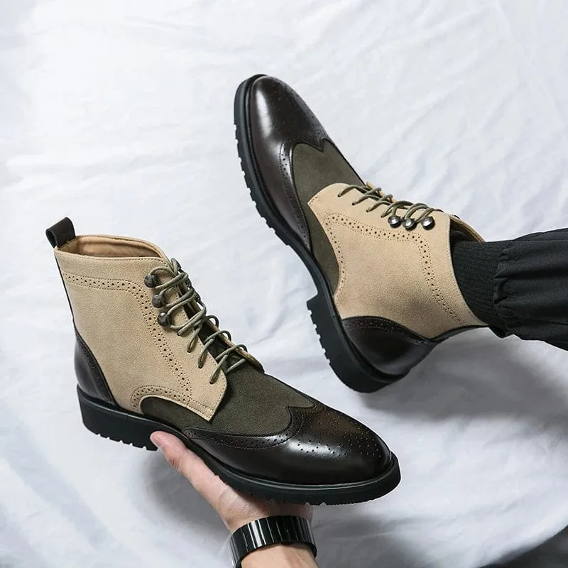 Men's Two-Tone Leather Combat Boots | Lace-Up Front Stylish Outdoor Shoes