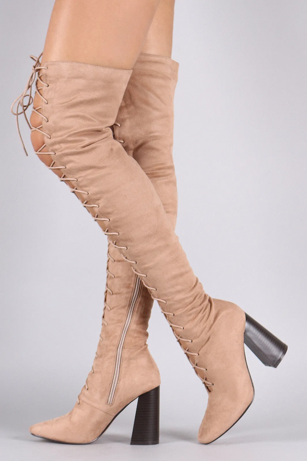 Nadia - Suede Lace Up Chunky Heeled Over-The-Knee Boots