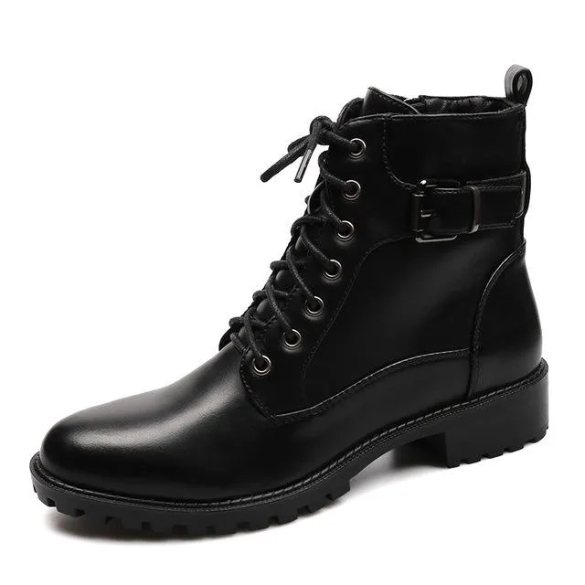 New Fashion European-Style Black Ankle Boots Flats Round Toe Black Zip Martin Boots PU Leather Woman Shoes With Warm Plush