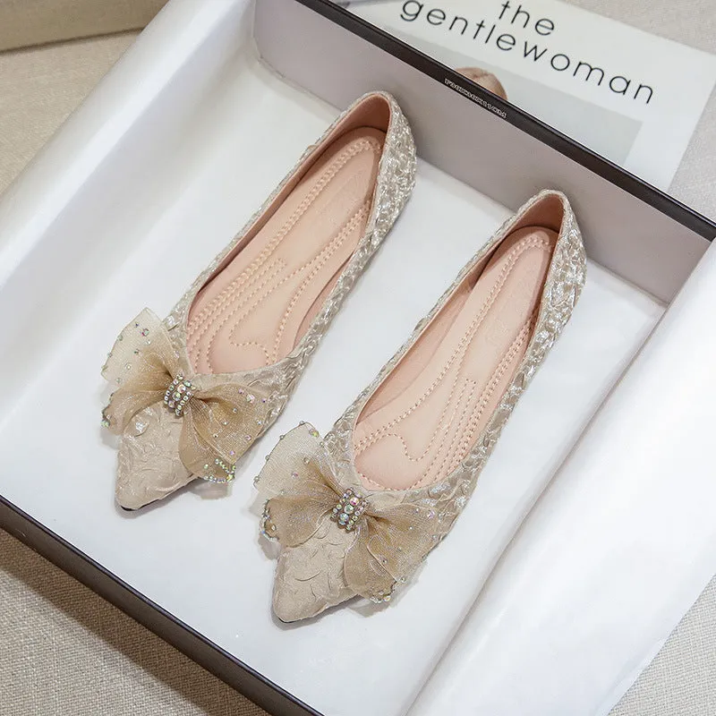 Owlkay Pointed Rhinestone Bow Flat Women's Shoes