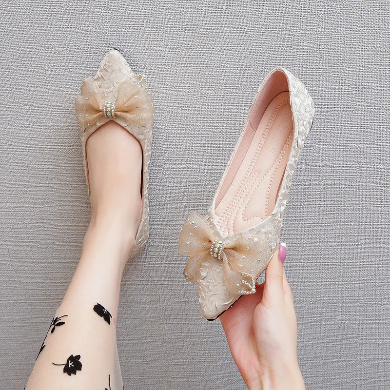 Owlkay Pointed Rhinestone Bow Flat Women's Shoes