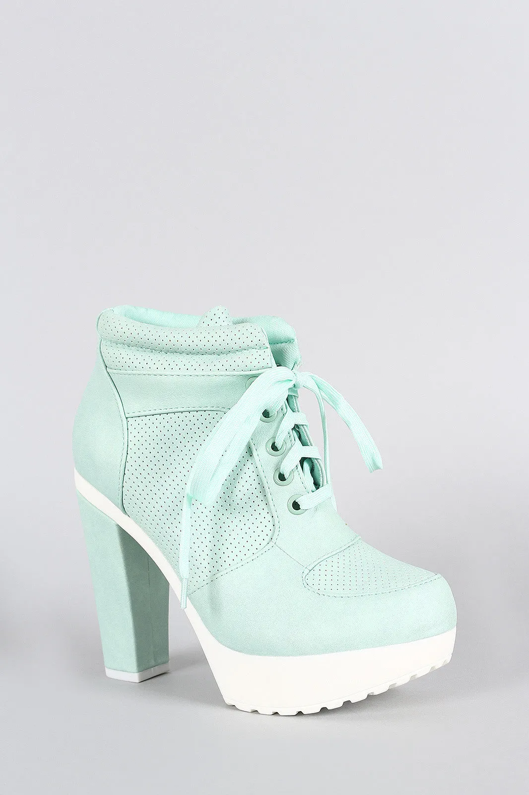 Perforated Lace Up Contrast Lug Sole Platform Heeled Sneaker