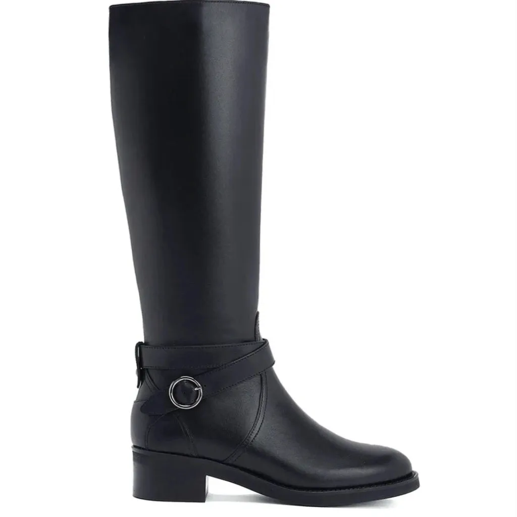 Saint Hermione Buckle Wrap Strap Black Leather Knee High Boots