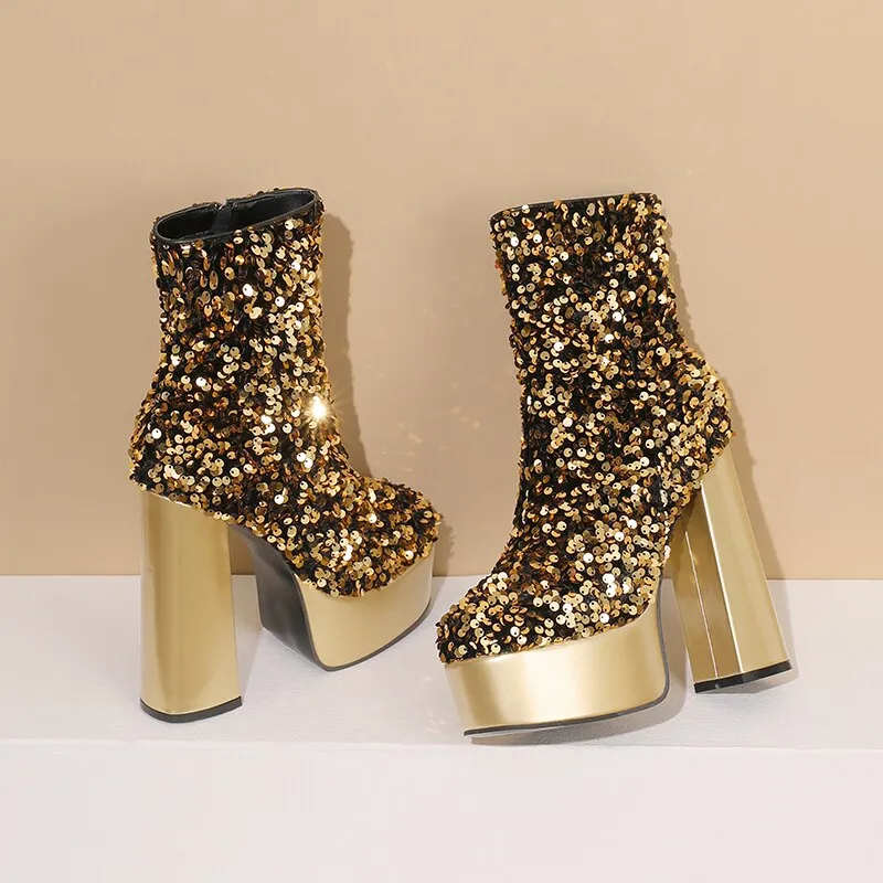 Sequin Platform Ankle Boots