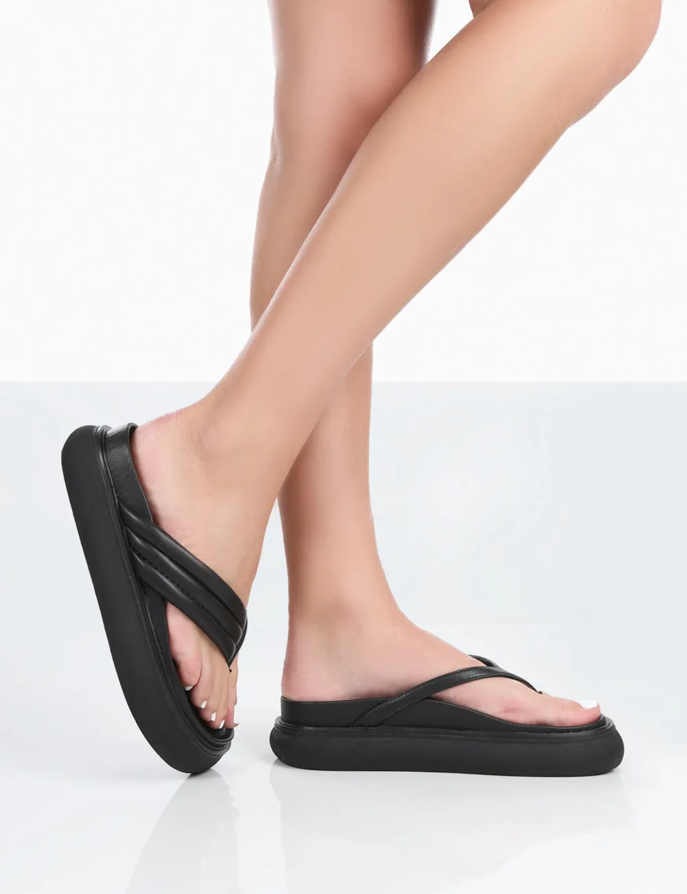 Serena Black Pu Thong Strap Wedge Slider Sandals