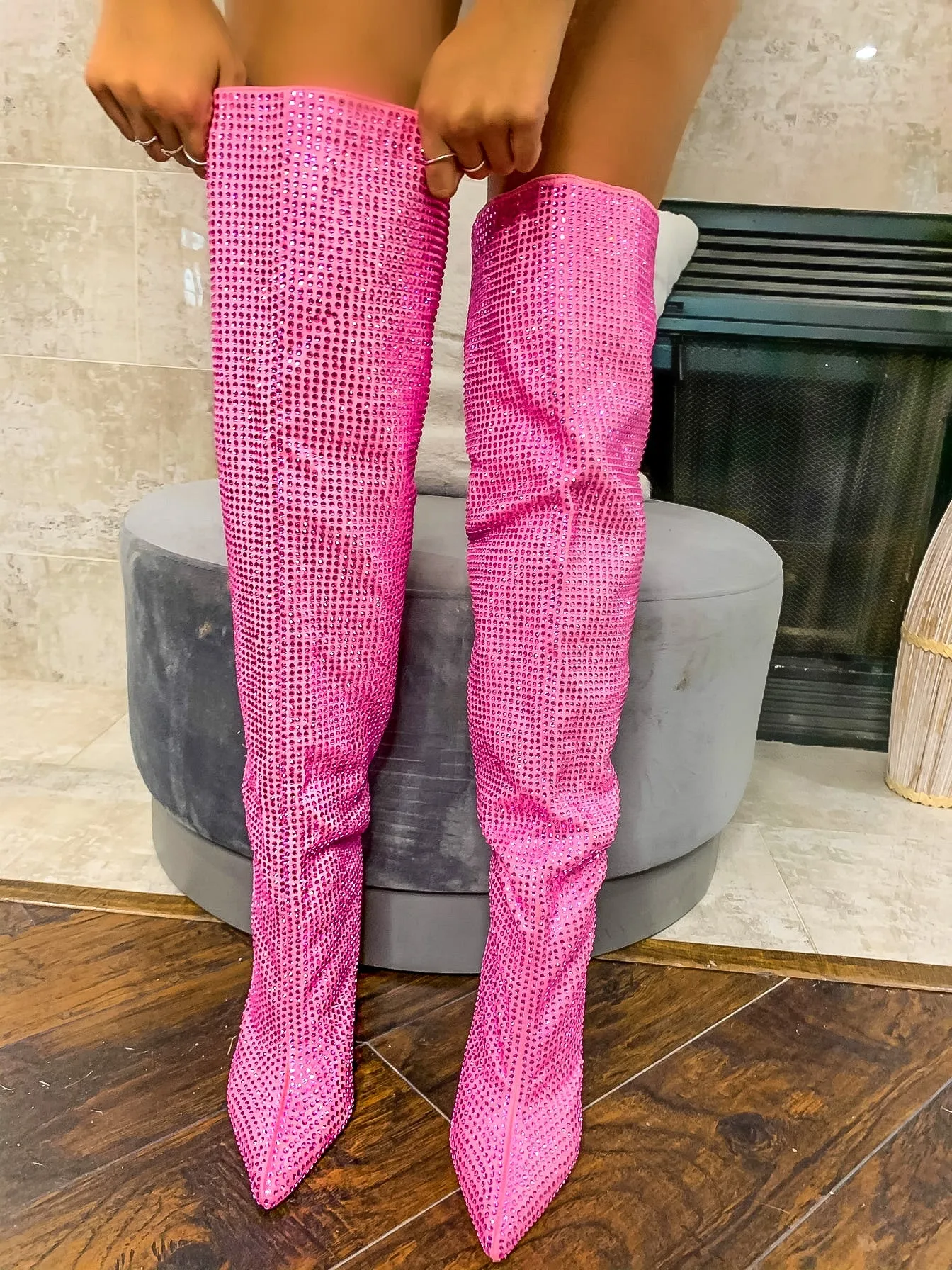 Show Some Love Rhinestone Over The Knee Boots - Pink