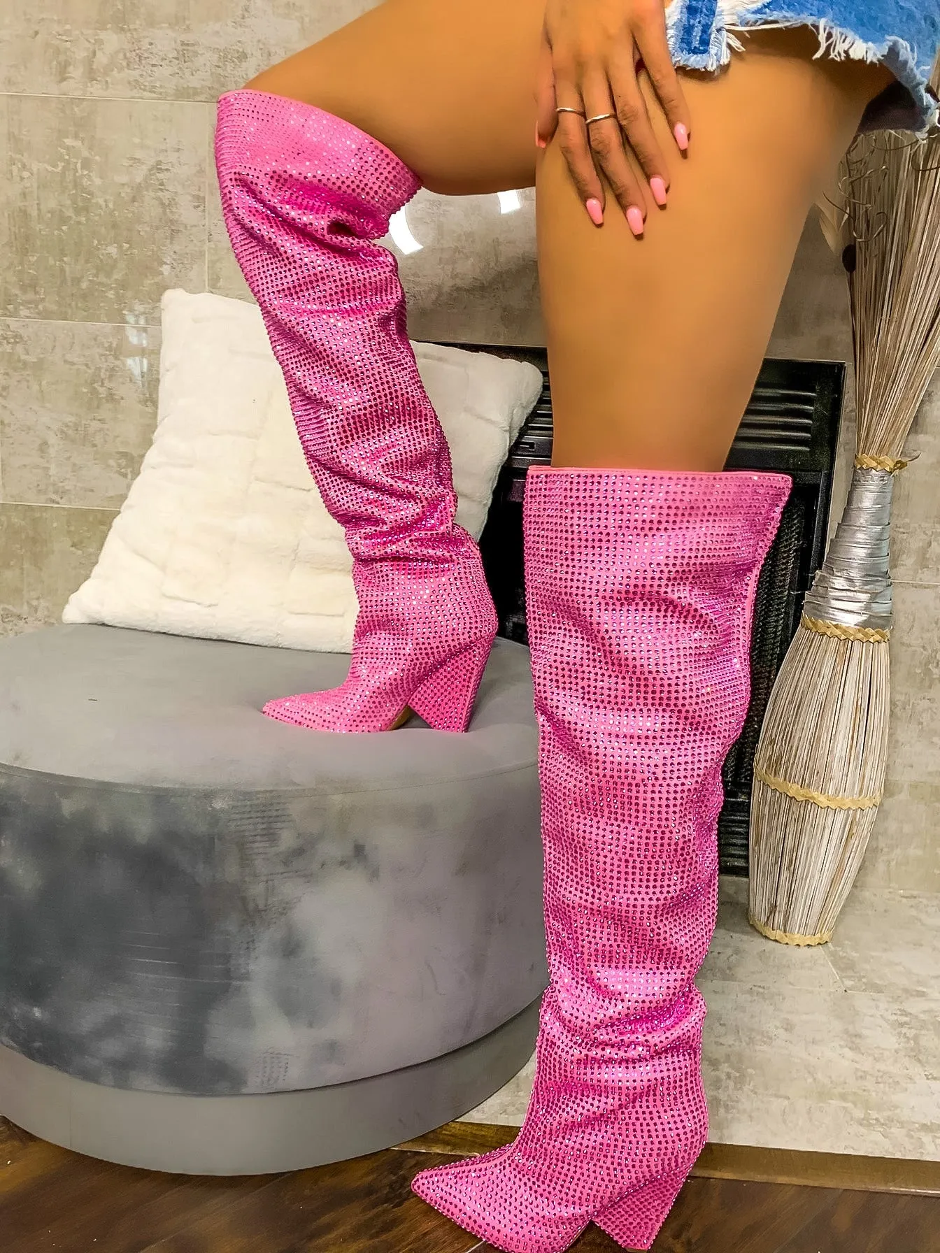 Show Some Love Rhinestone Over The Knee Boots - Pink