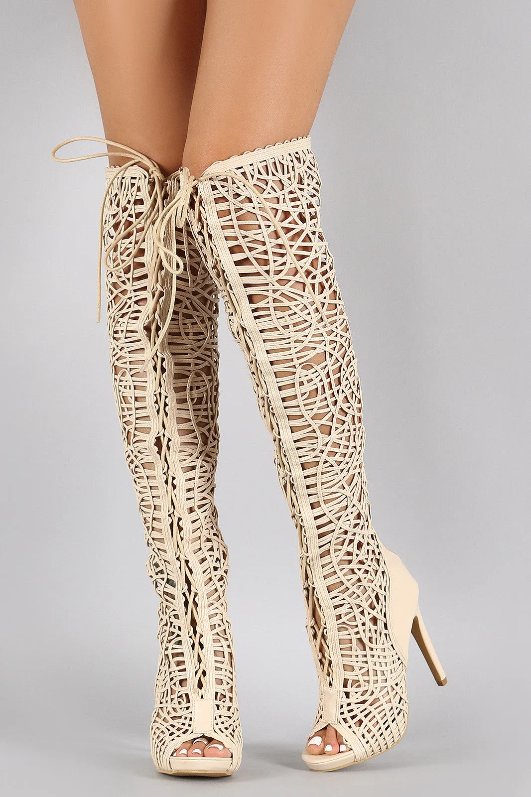 Strappy Woven Lace Up Peep Toe Stiletto Thigh High Boot