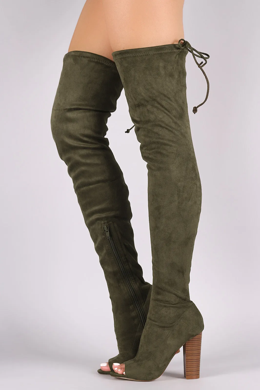 Suede Drawstring-Tie Chunky Heeled Over-The-Knee Boots